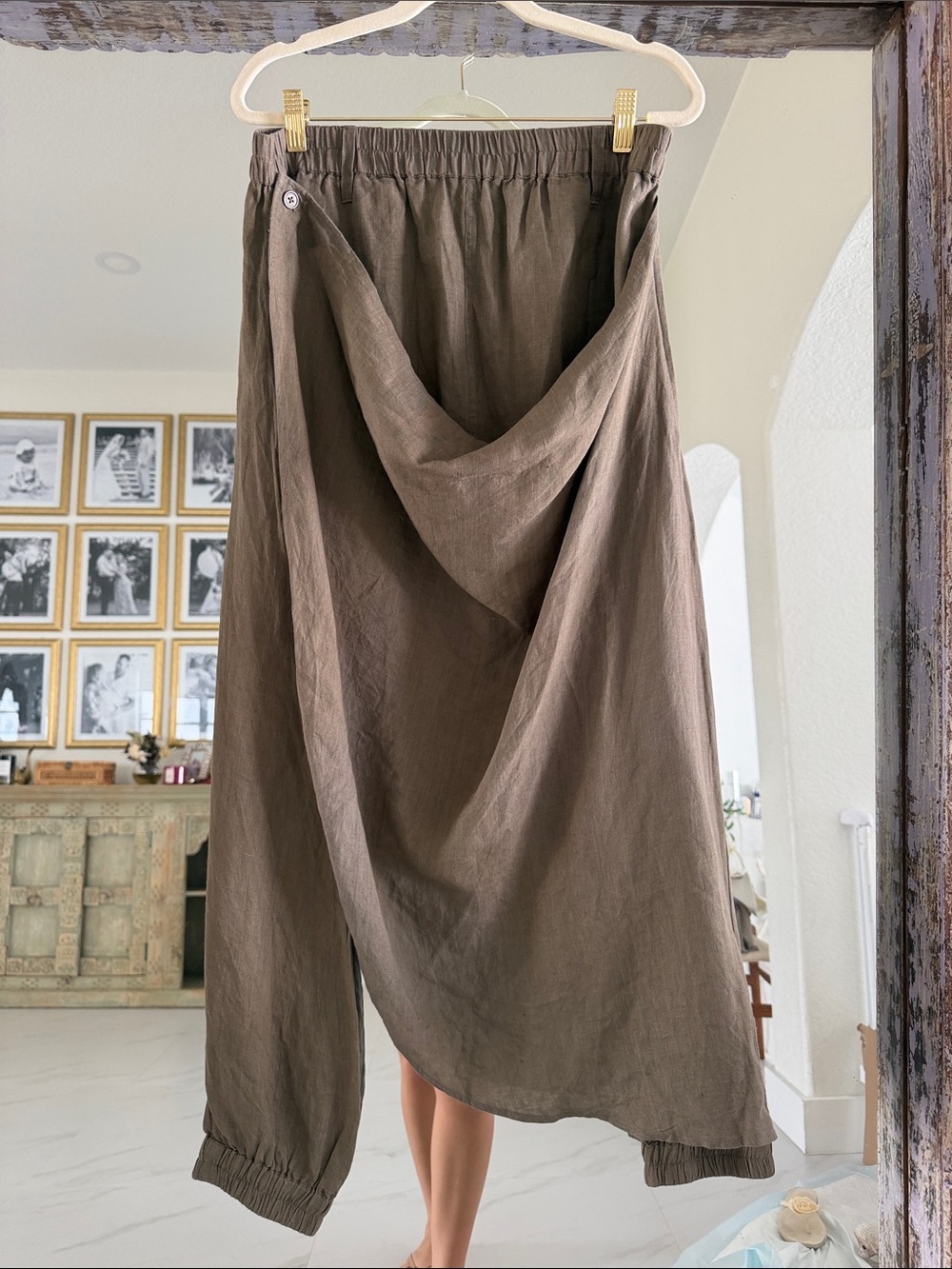 Nicholas K 100% Linen Draped Asymmetrical Trousers in Taupe Brown
